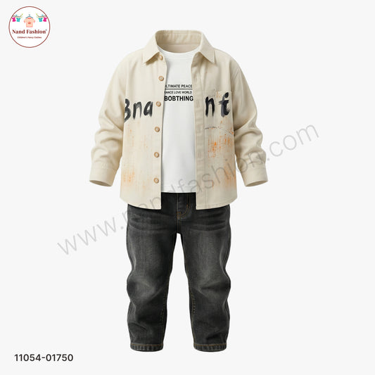 Boys Printed Cream Shirt with White T-Shirt & Black Denim Jeans Party Wear Set