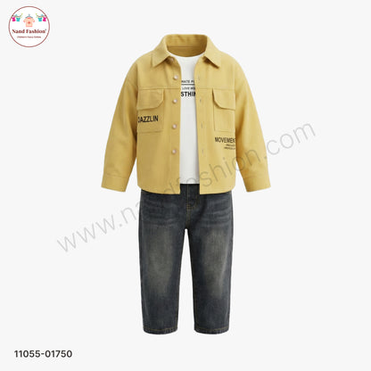Boys Mustard Yellow Shirt with White T-Shirt & Denim Jeans Party Wear Set