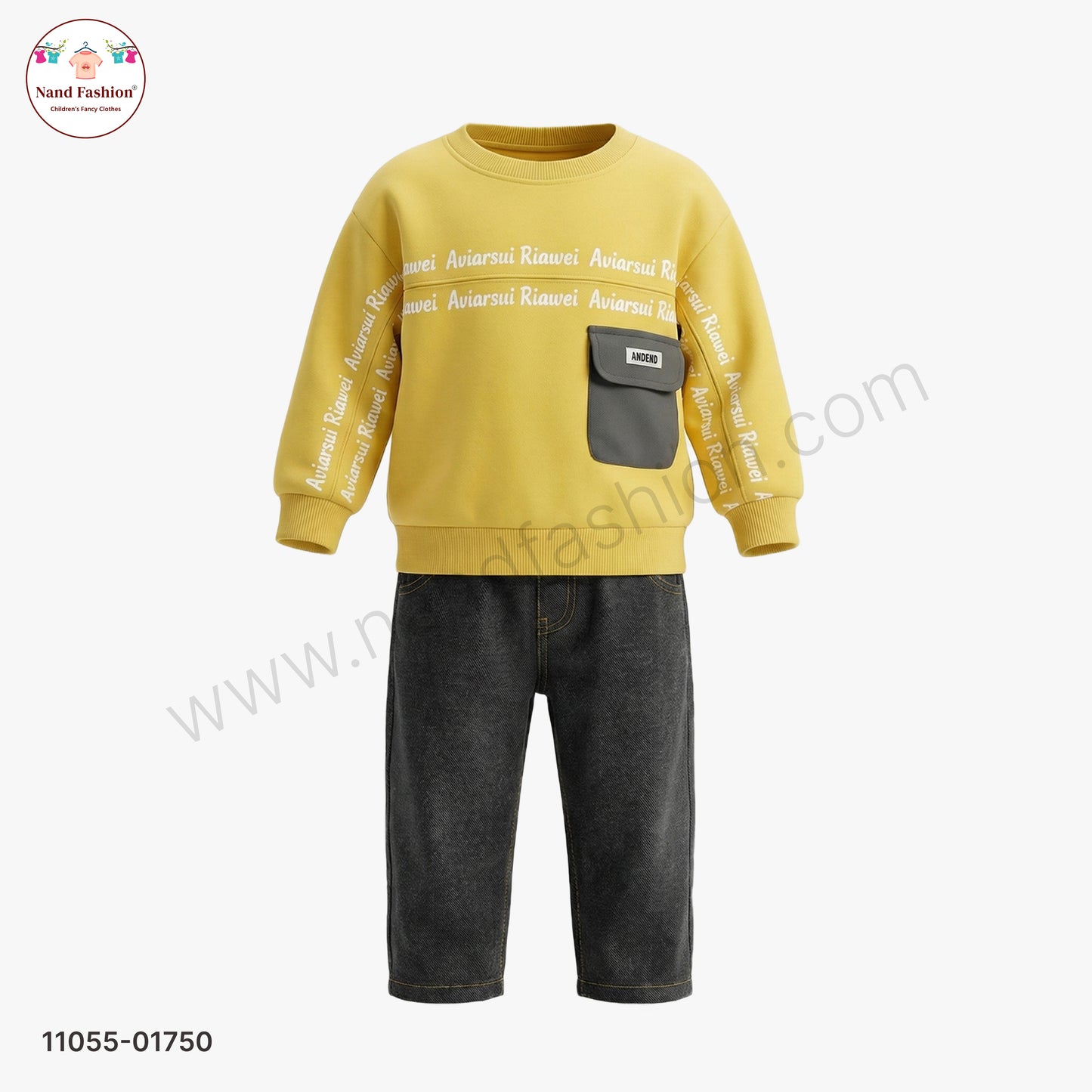 Boys Mustard Yellow Printed Sweatshirt with Denim Jeans Party Wear Set