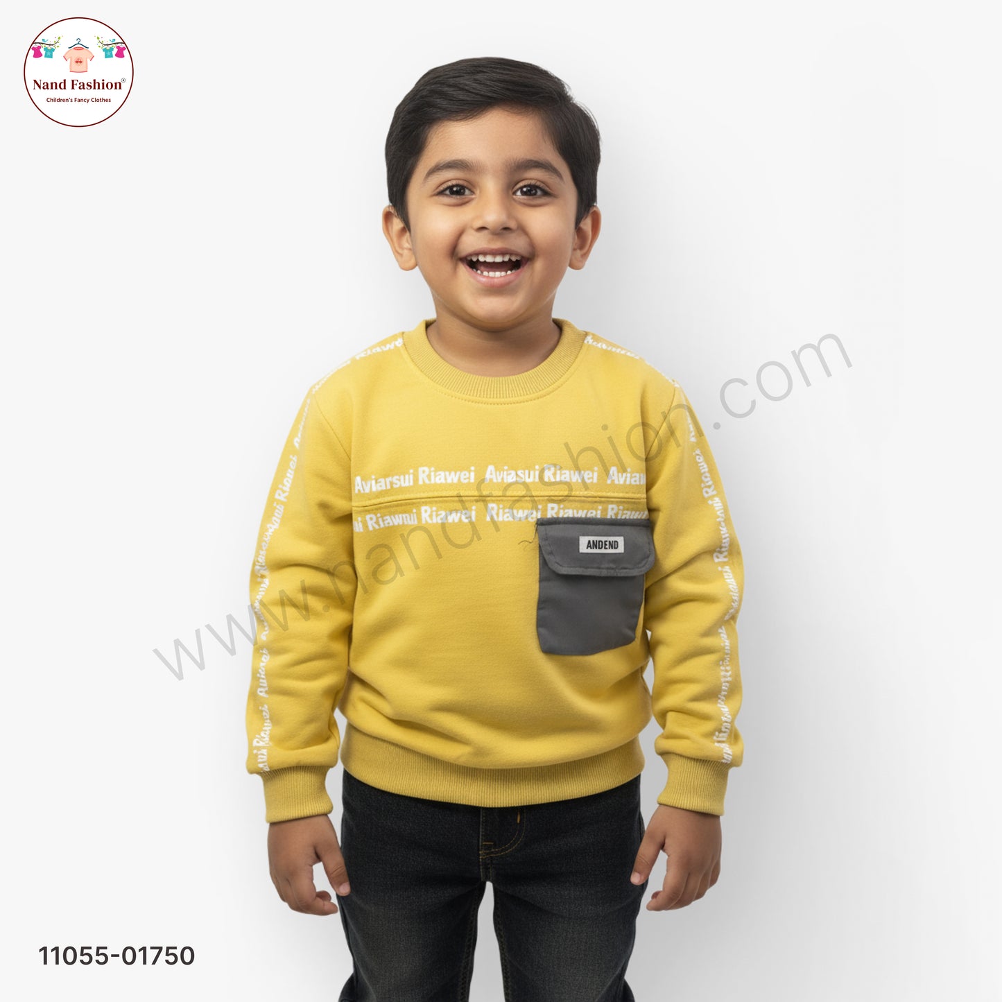 Boys Mustard Yellow Printed Sweatshirt with Denim Jeans Party Wear Set