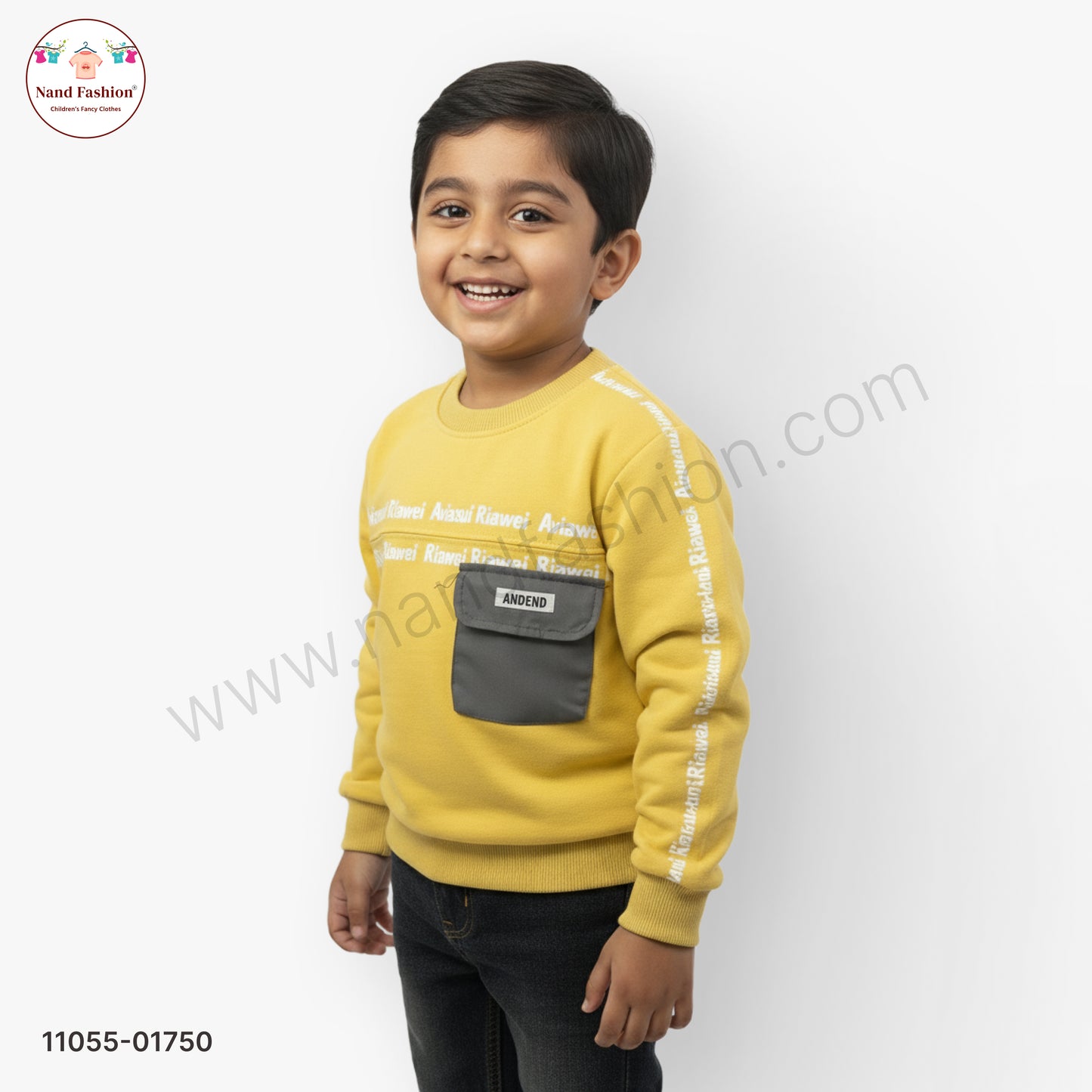 Boys Mustard Yellow Printed Sweatshirt with Denim Jeans Party Wear Set