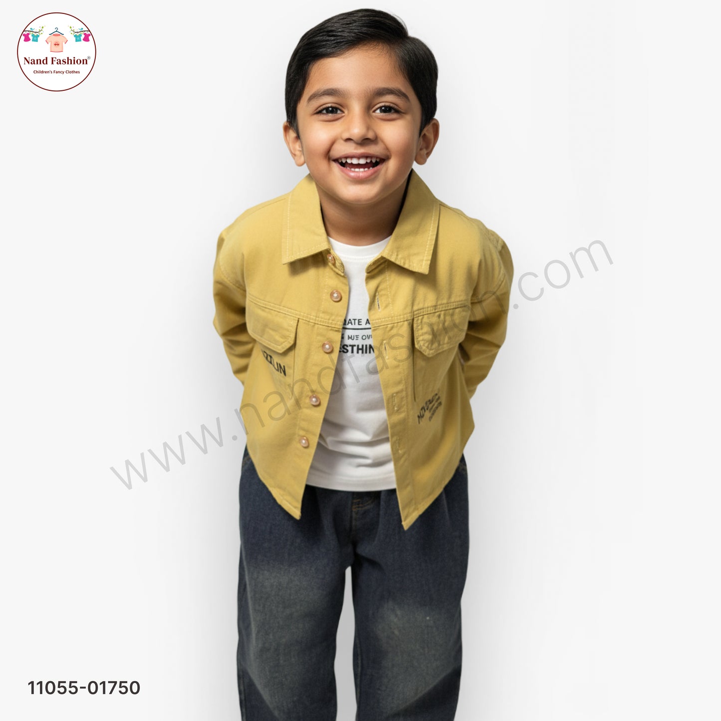 Boys Mustard Yellow Shirt with White T-Shirt & Denim Jeans Party Wear Set