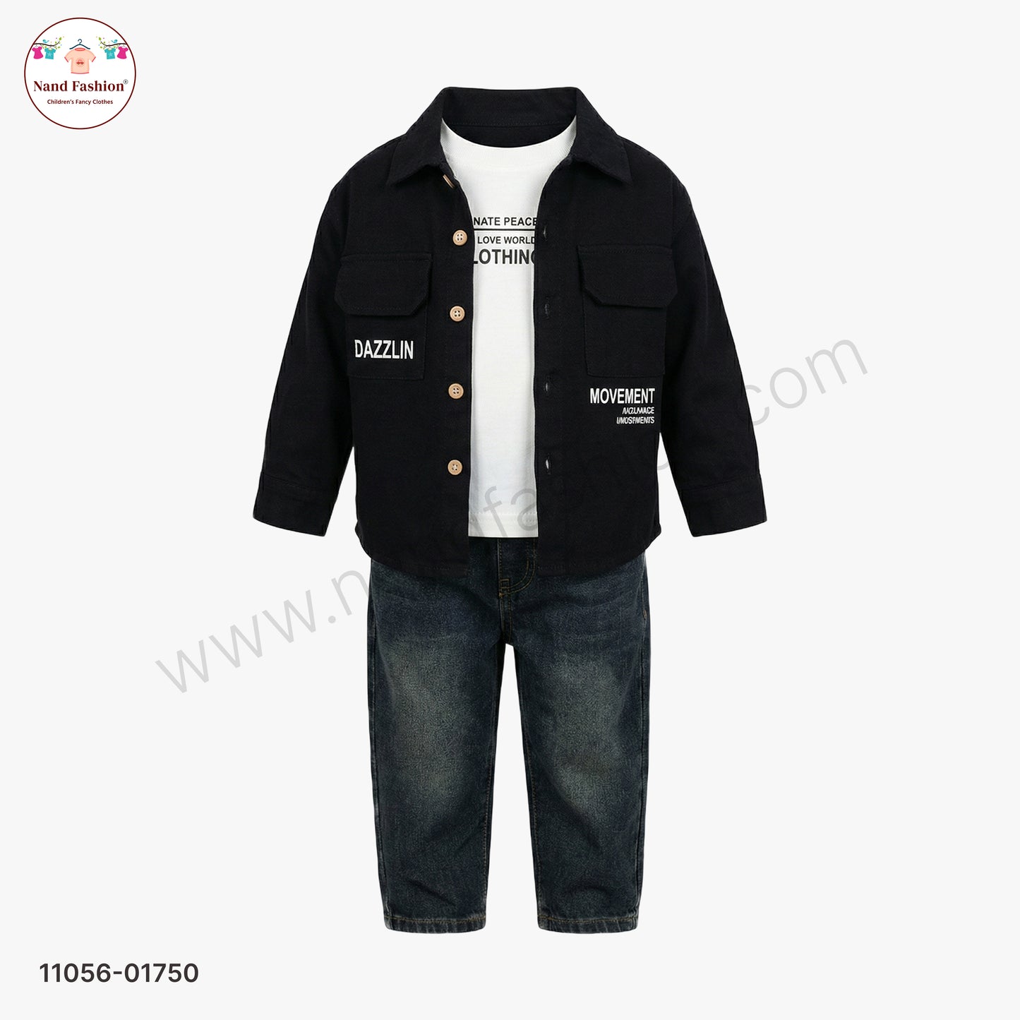 Boys Black Shirt Style Shirt with White T-Shirt & Denim Jeans Party Wear Set
