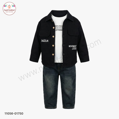 Boys Black Shirt Style Shirt with White T-Shirt & Denim Jeans Party Wear Set