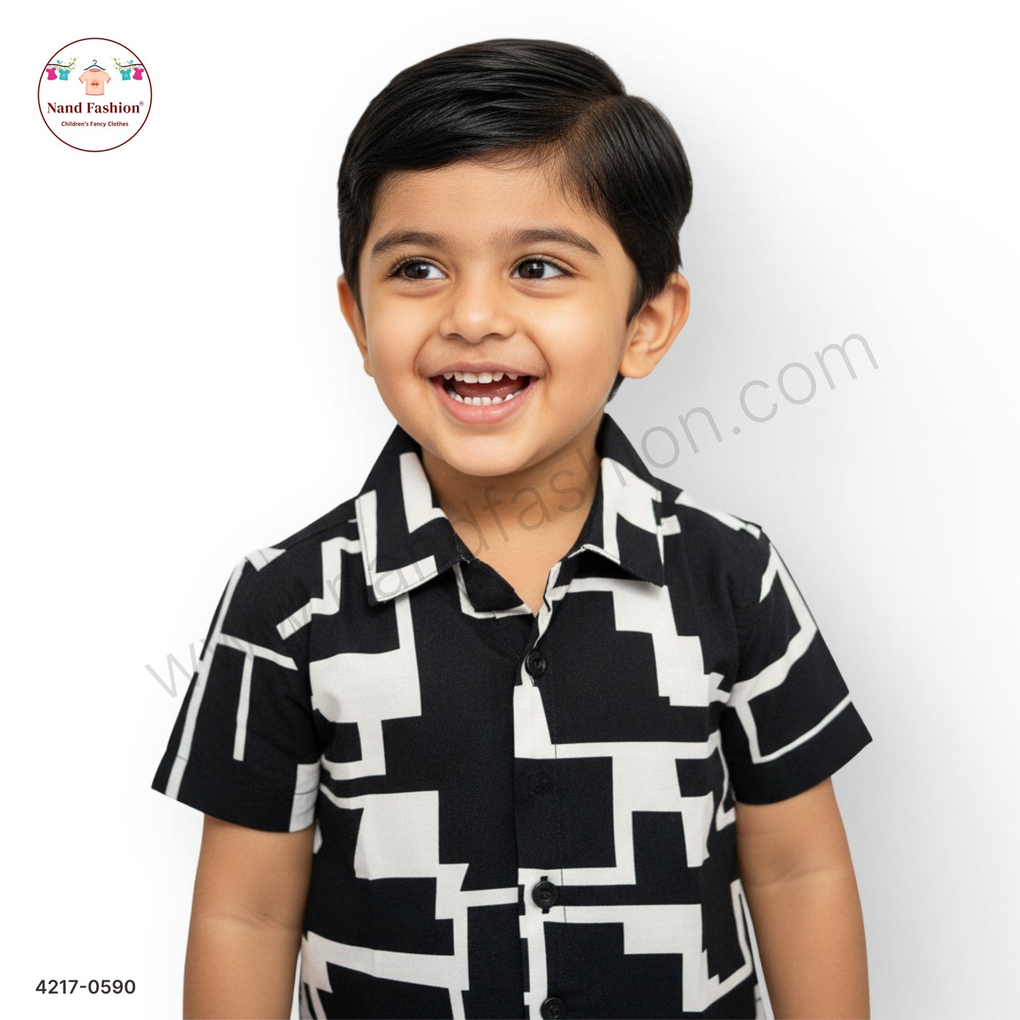 Boys Black & White Geometric Print Cotton Shirt – Half Sleeve Casual Wear