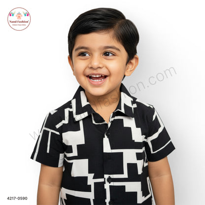 Boys Black & White Geometric Print Cotton Shirt – Half Sleeve Casual Wear