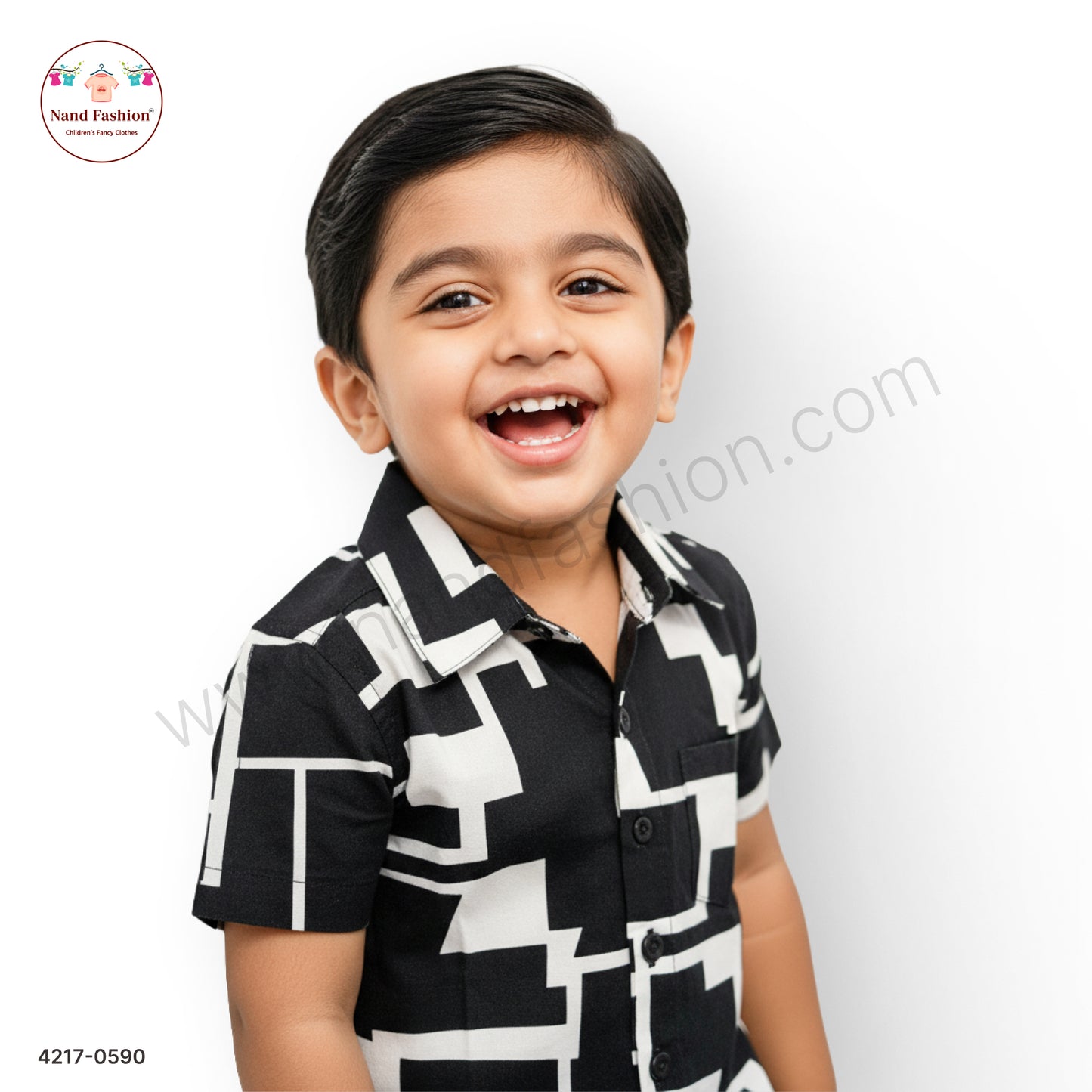 Boys Black & White Geometric Print Cotton Shirt – Half Sleeve Casual Wear