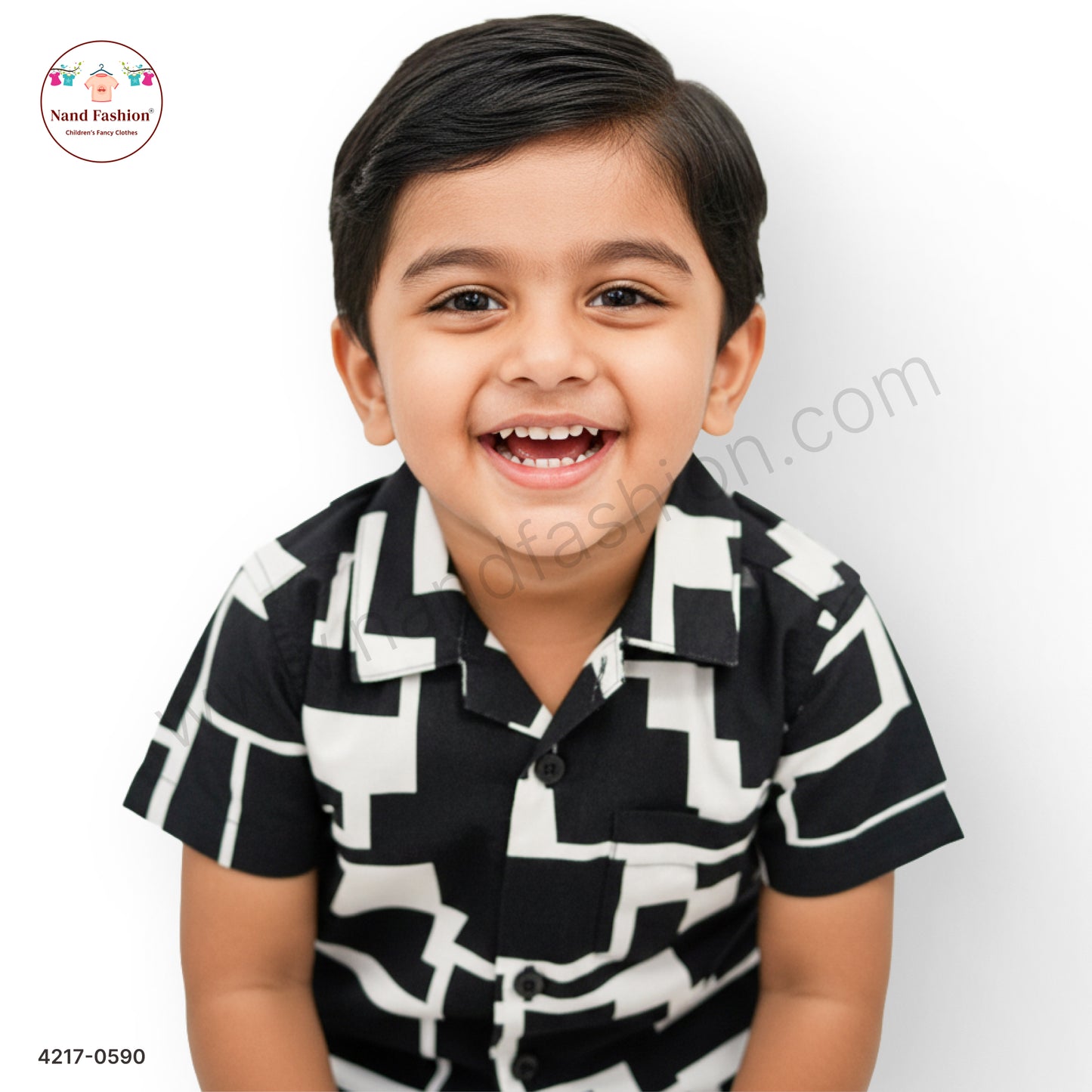 Boys Black & White Geometric Print Cotton Shirt – Half Sleeve Casual Wear