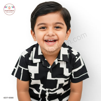 Boys Black & White Geometric Print Cotton Shirt – Half Sleeve Casual Wear