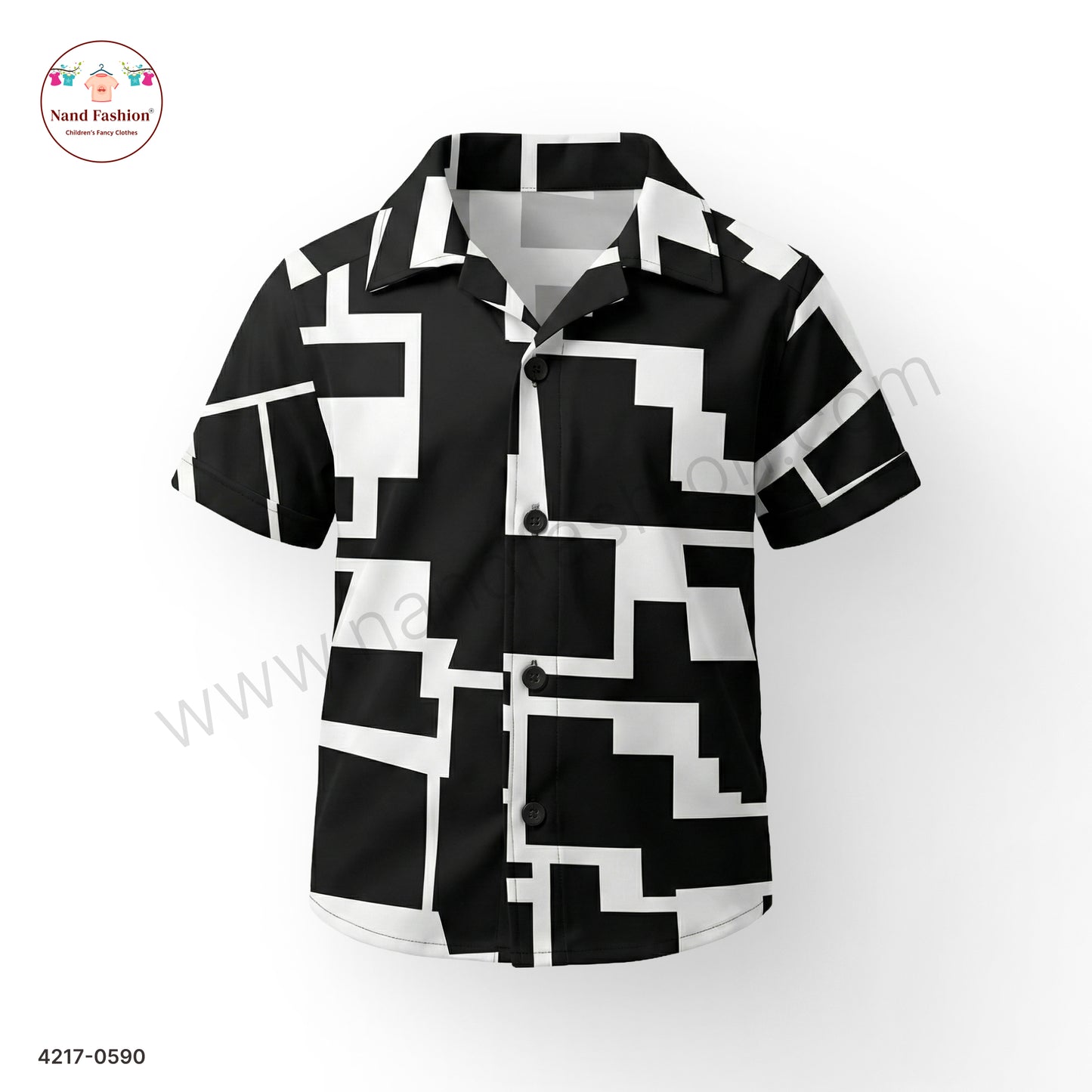 Boys Black & White Geometric Print Cotton Shirt – Half Sleeve Casual Wear