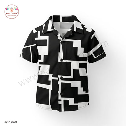 Boys Black & White Geometric Print Cotton Shirt – Half Sleeve Casual Wear