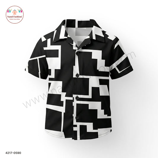 Boys Black & White Geometric Print Cotton Shirt – Half Sleeve Casual Wear