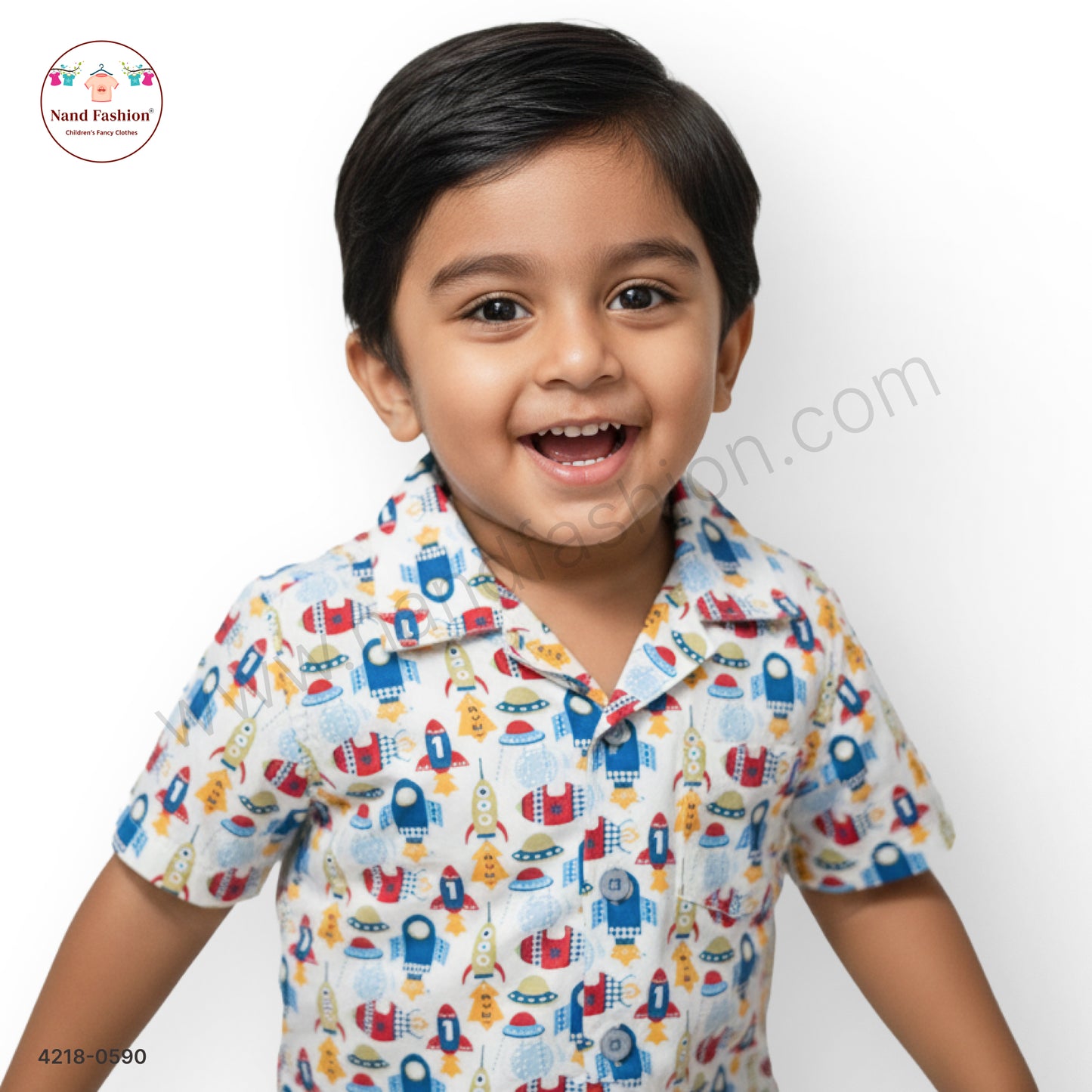 Boys White Space Rocket Print Cotton Shirt – Half Sleeve Casual Wear