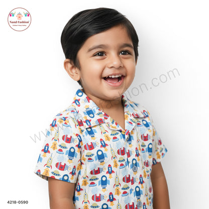 Boys White Space Rocket Print Cotton Shirt – Half Sleeve Casual Wear