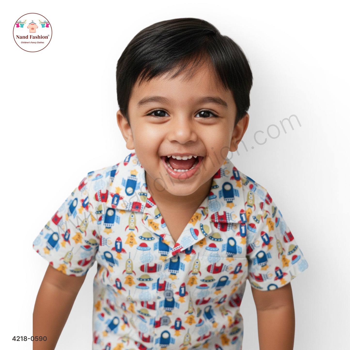 Boys White Space Rocket Print Cotton Shirt – Half Sleeve Casual Wear
