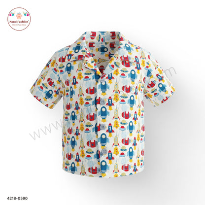 Boys White Space Rocket Print Cotton Shirt – Half Sleeve Casual Wear