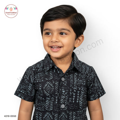 Boys Black Abstract Print Cotton Shirt – Half Sleeve Casual Wear