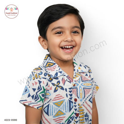 Boys White Multicolor Geometric Print Cotton Shirt – Half Sleeve Casual Wear