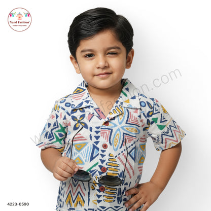 Boys White Multicolor Geometric Print Cotton Shirt – Half Sleeve Casual Wear
