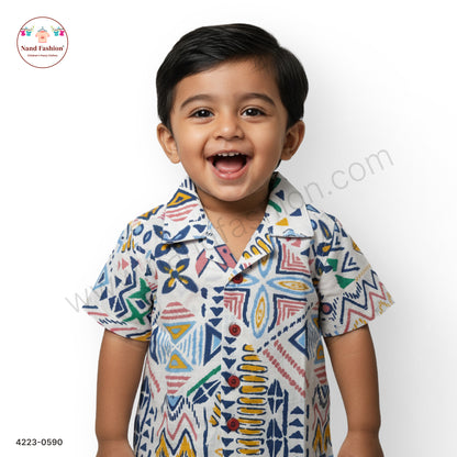 Boys White Multicolor Geometric Print Cotton Shirt – Half Sleeve Casual Wear