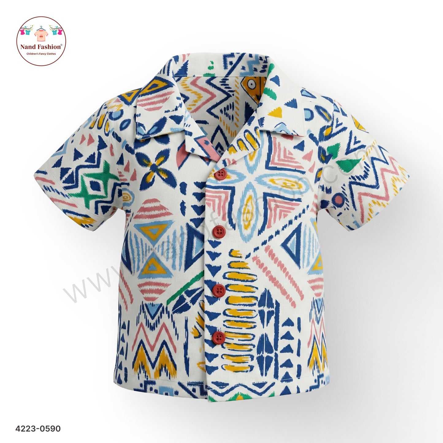 Boys White Multicolor Geometric Print Cotton Shirt – Half Sleeve Casual Wear