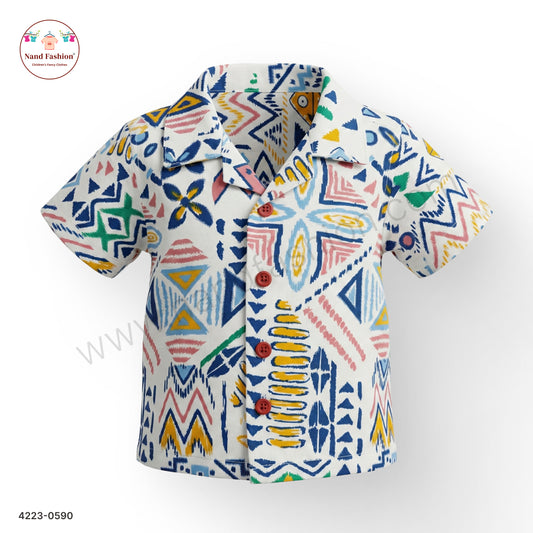 Boys White Multicolor Geometric Print Cotton Shirt – Half Sleeve Casual Wear
