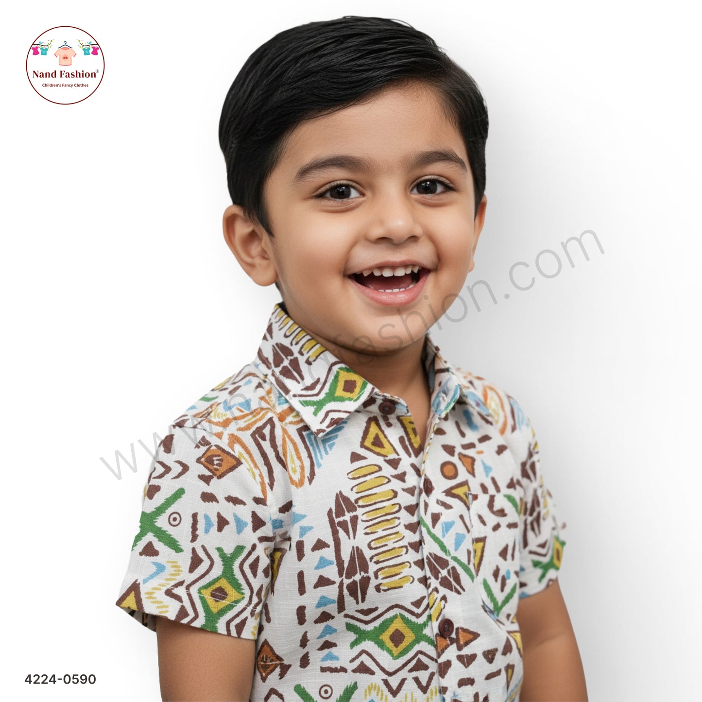 Boys White Tribal Print Cotton Shirt – Half Sleeve Casual Wear