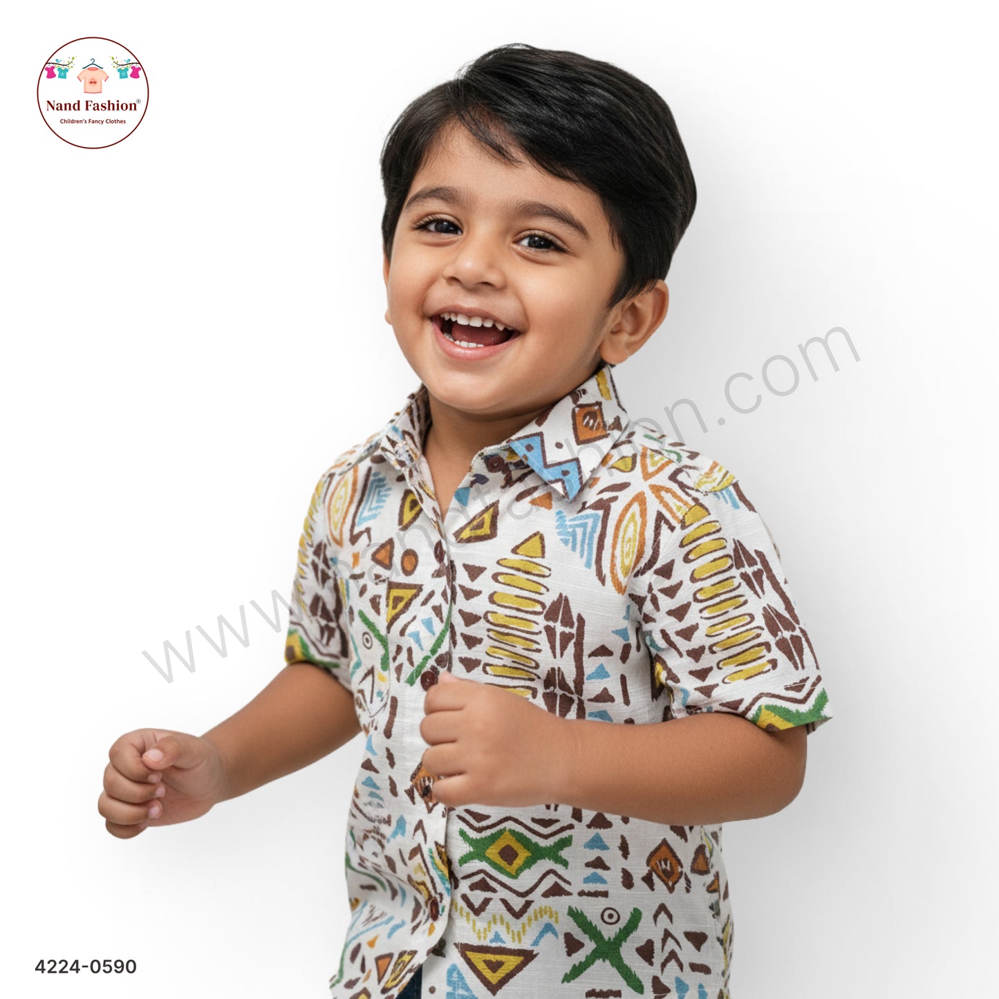 Boys White Tribal Print Cotton Shirt – Half Sleeve Casual Wear
