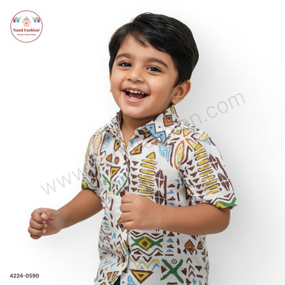 Boys White Tribal Print Cotton Shirt – Half Sleeve Casual Wear