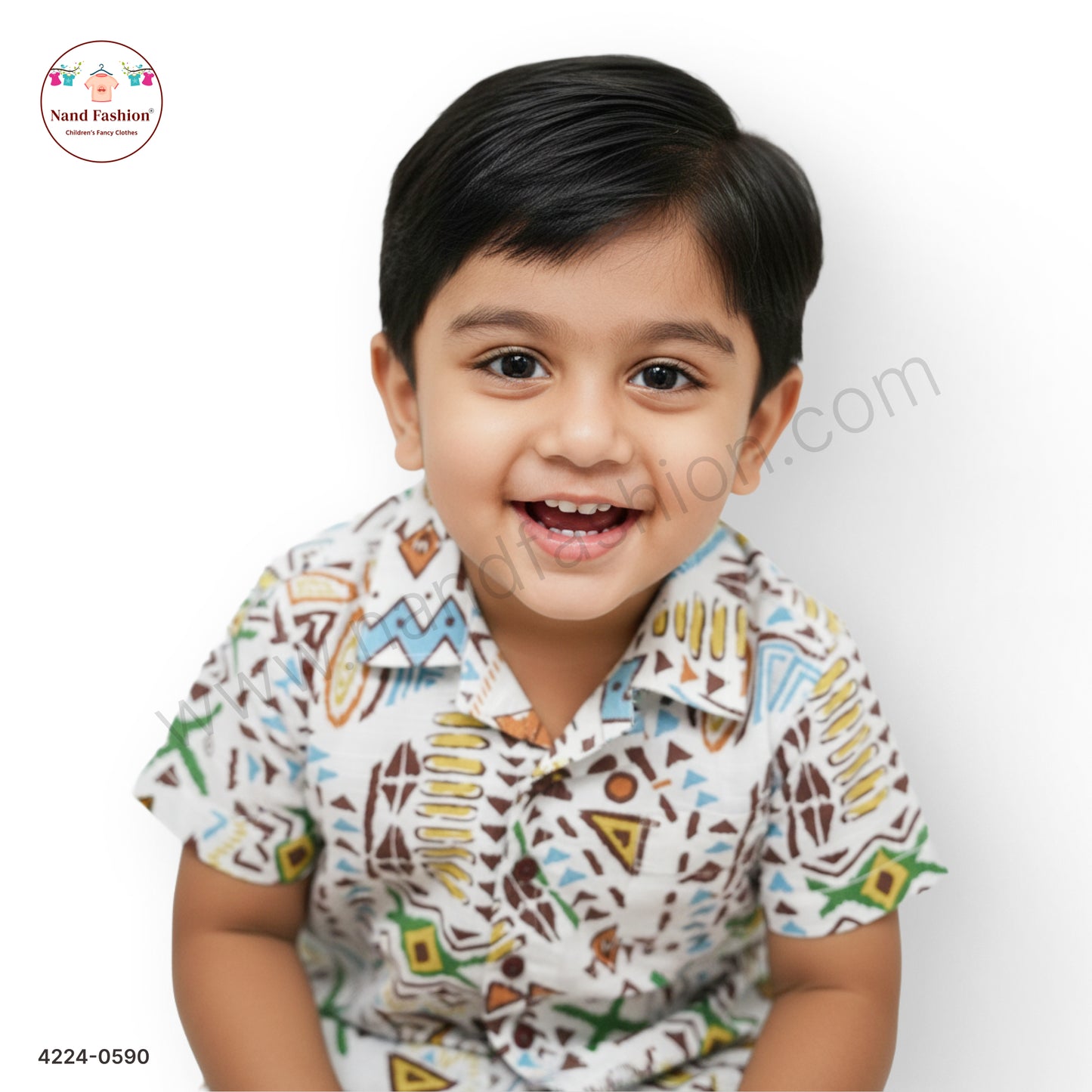 Boys White Tribal Print Cotton Shirt – Half Sleeve Casual Wear