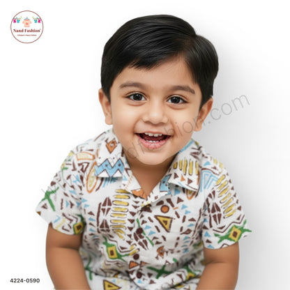 Boys White Tribal Print Cotton Shirt – Half Sleeve Casual Wear