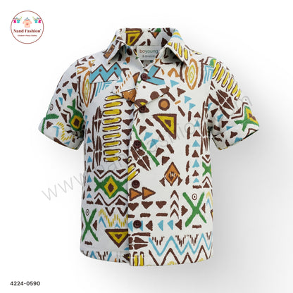 Boys White Tribal Print Cotton Shirt – Half Sleeve Casual Wear