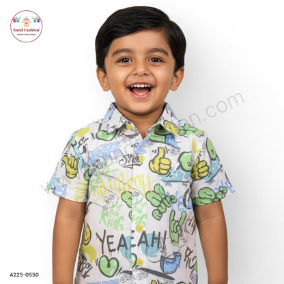 Boys White Graffiti Print Cotton Shirt – Half Sleeve Casual Wear