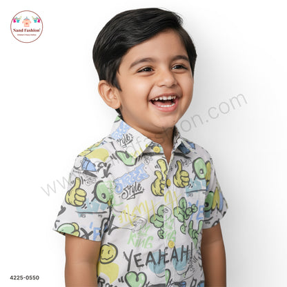 Boys White Graffiti Print Cotton Shirt – Half Sleeve Casual Wear