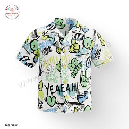 Boys White Graffiti Print Cotton Shirt – Half Sleeve Casual Wear