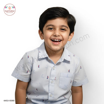 Boys Light Blue Boat Print Cotton Shirt – Half Sleeve Casual Wear
