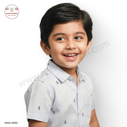 Boys Light Blue Boat Print Cotton Shirt – Half Sleeve Casual Wear
