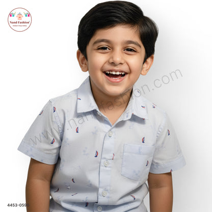 Boys Light Blue Boat Print Cotton Shirt – Half Sleeve Casual Wear