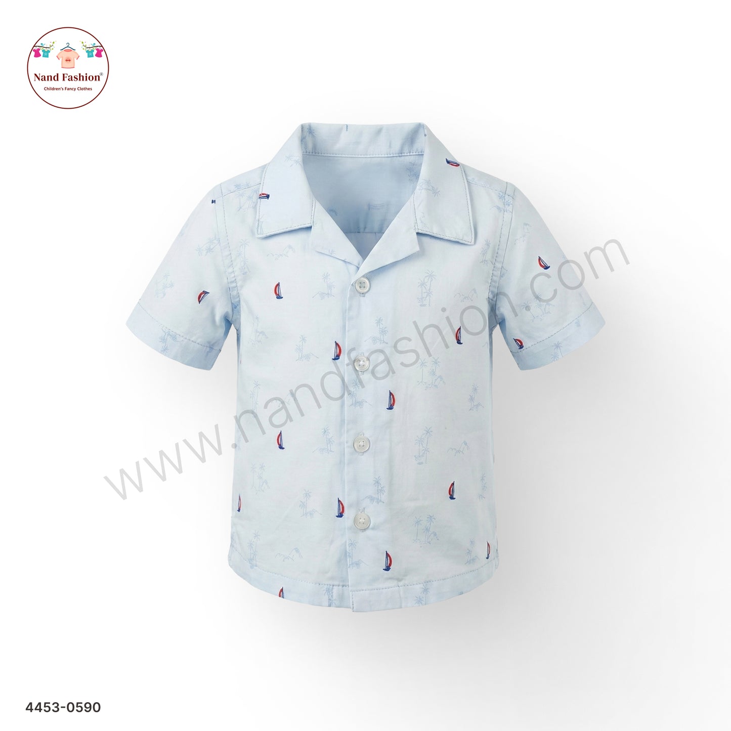 Boys Light Blue Boat Print Cotton Shirt – Half Sleeve Casual Wear