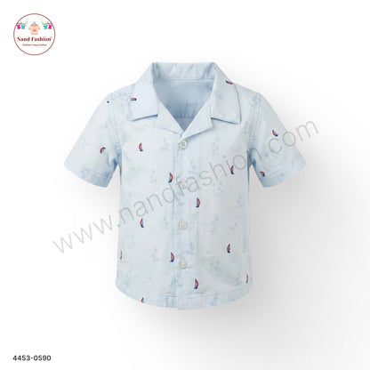 Boys Light Blue Boat Print Cotton Shirt – Half Sleeve Casual Wear