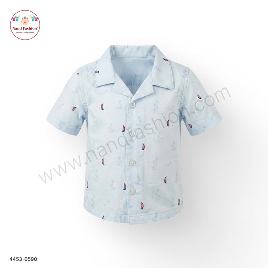 Boys Light Blue Boat Print Cotton Shirt – Half Sleeve Casual Wear
