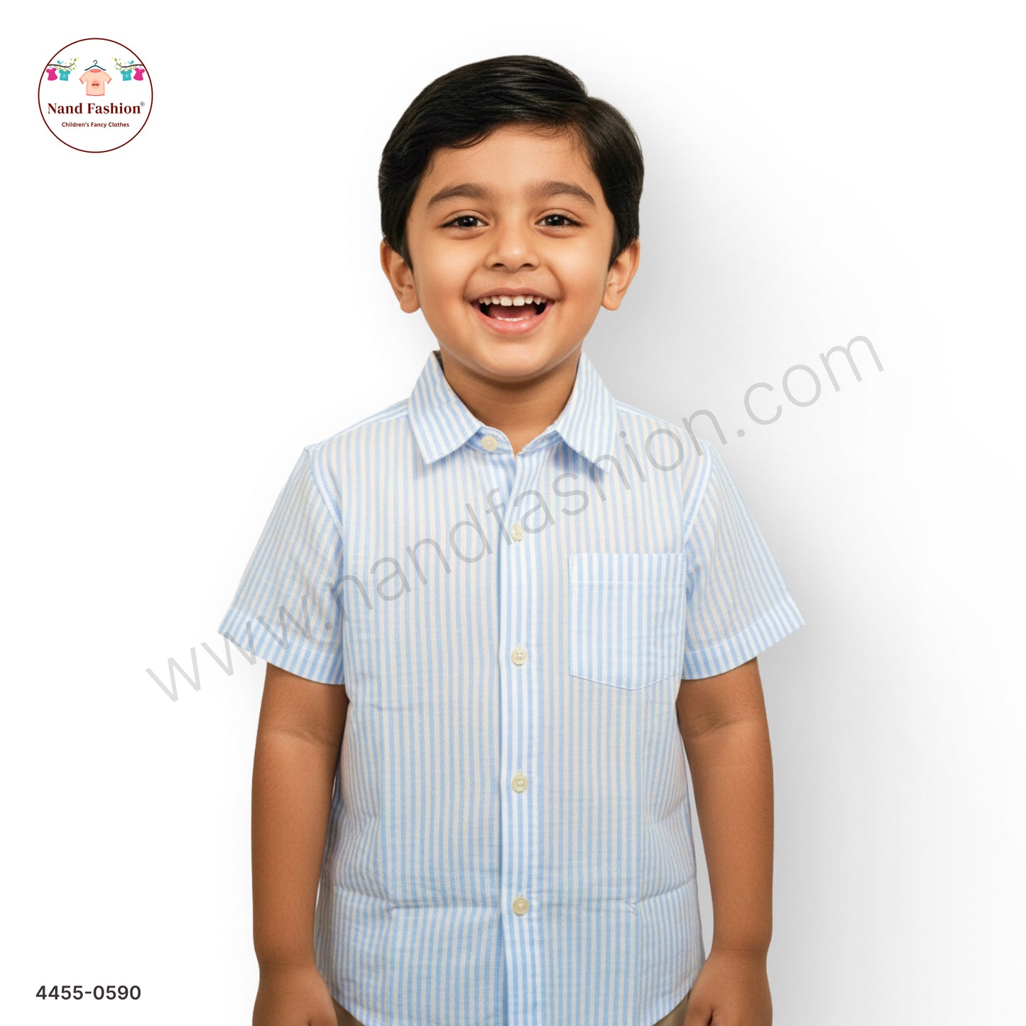 Boys Sky Blue & White Striped Cotton Shirt – Half Sleeve Casual Wear
