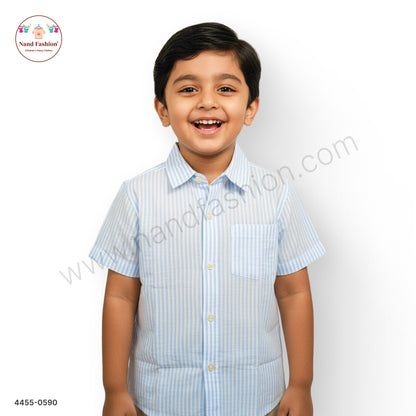 Boys Sky Blue & White Striped Cotton Shirt – Half Sleeve Casual Wear