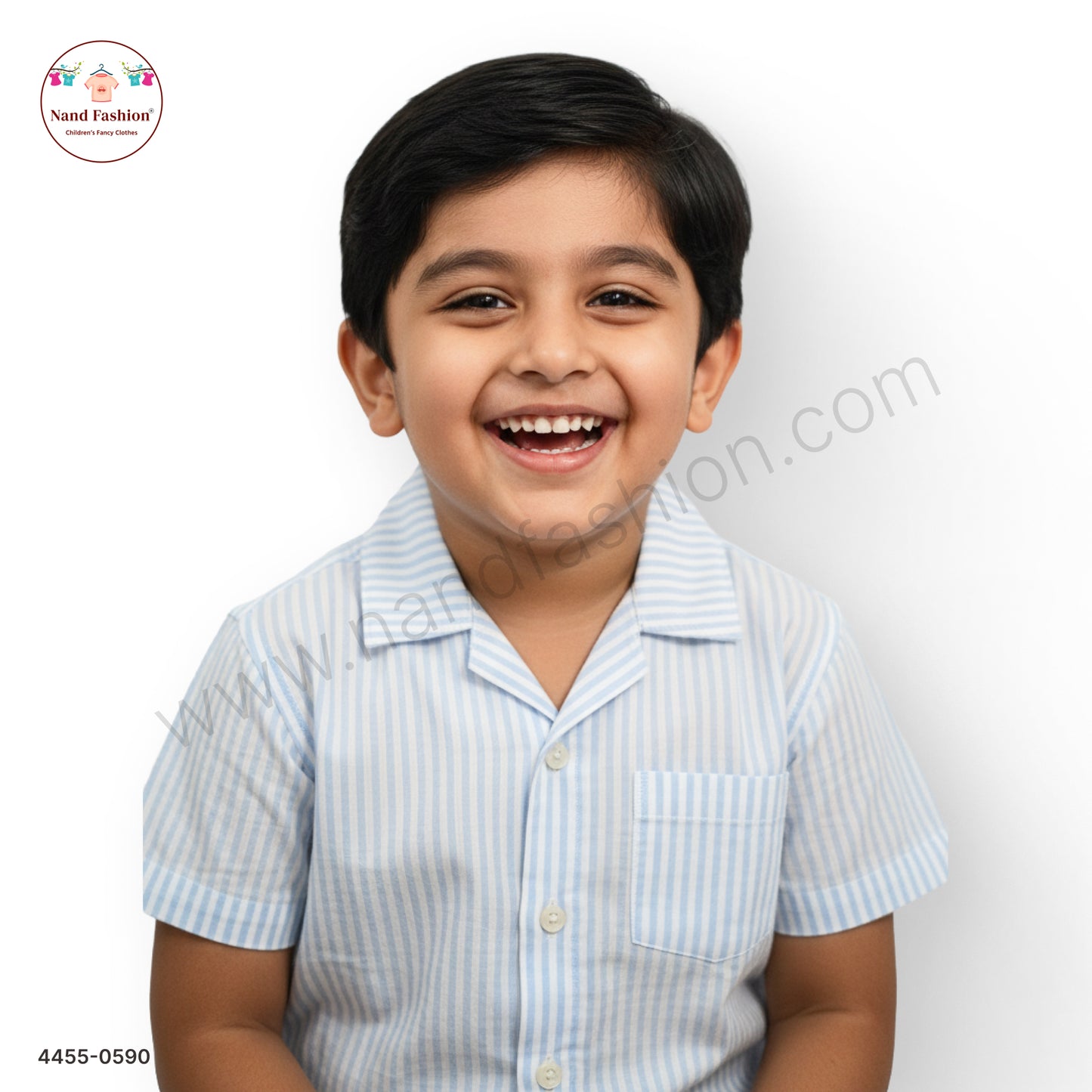 Boys Sky Blue & White Striped Cotton Shirt – Half Sleeve Casual Wear
