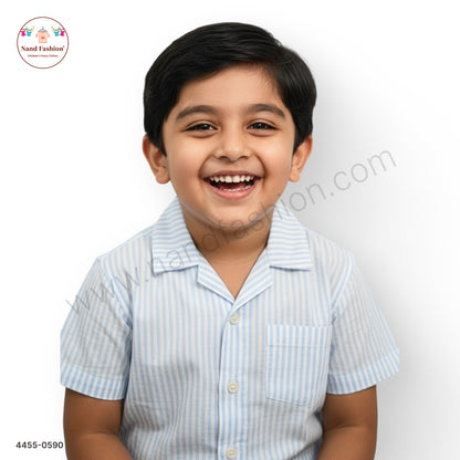 Boys Sky Blue & White Striped Cotton Shirt – Half Sleeve Casual Wear