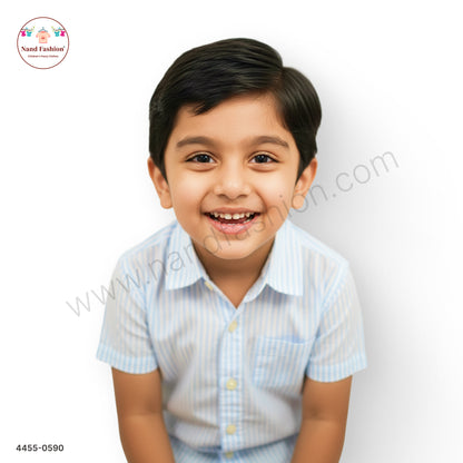 Boys Sky Blue & White Striped Cotton Shirt – Half Sleeve Casual Wear