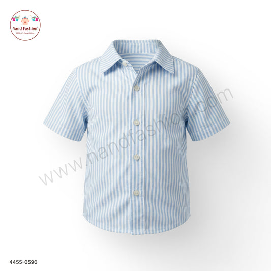 Boys Sky Blue & White Striped Cotton Shirt – Half Sleeve Casual Wear