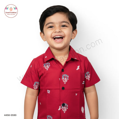 Boys Red NYC Print Cotton Shirt – Half Sleeve Casual Wear