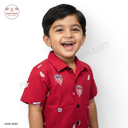 Boys Red NYC Print Cotton Shirt – Half Sleeve Casual Wear
