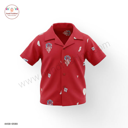 Boys Red NYC Print Cotton Shirt – Half Sleeve Casual Wear